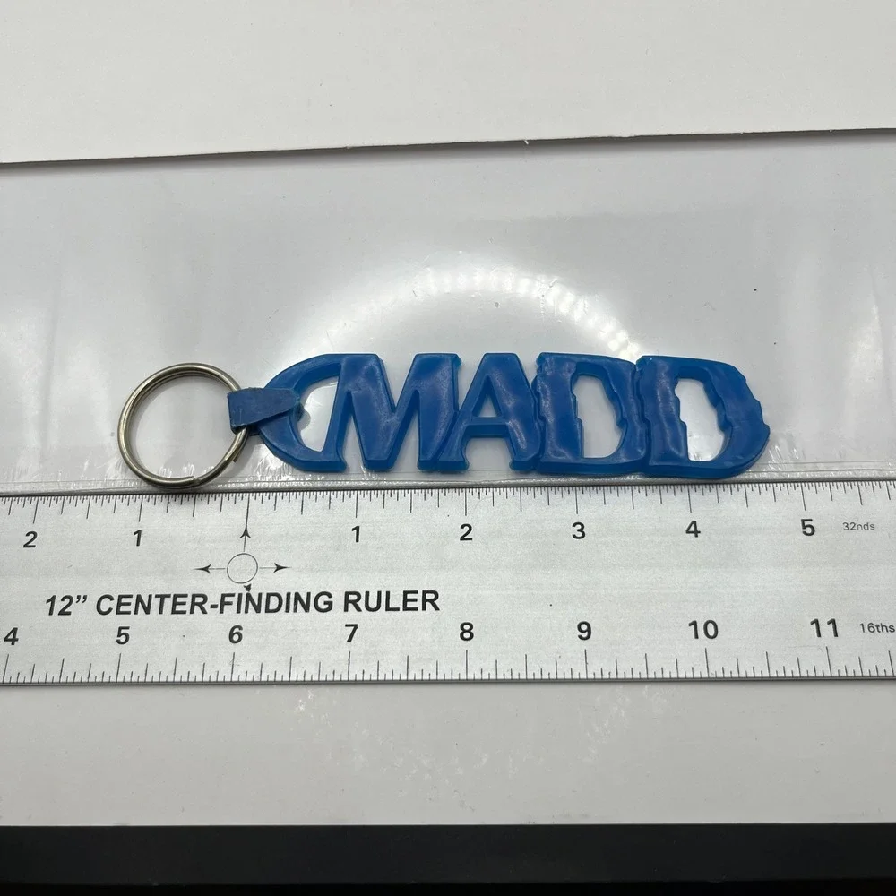 Vintage MADD Keychain Blue Rubber Mothers Against Drunk Driving‎ Awareness Logo